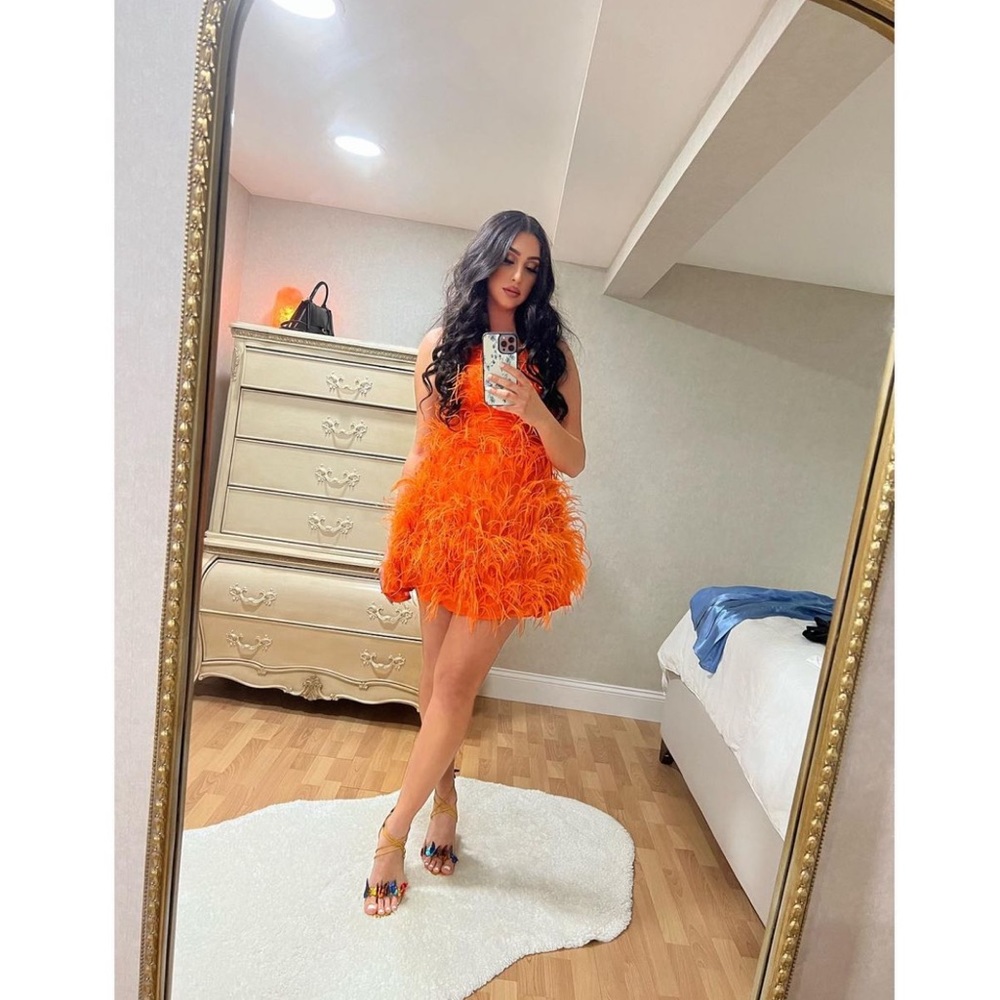 Cult Gaia orange dress Shannon Feather-embellished Silk-chiffon Mini Dress